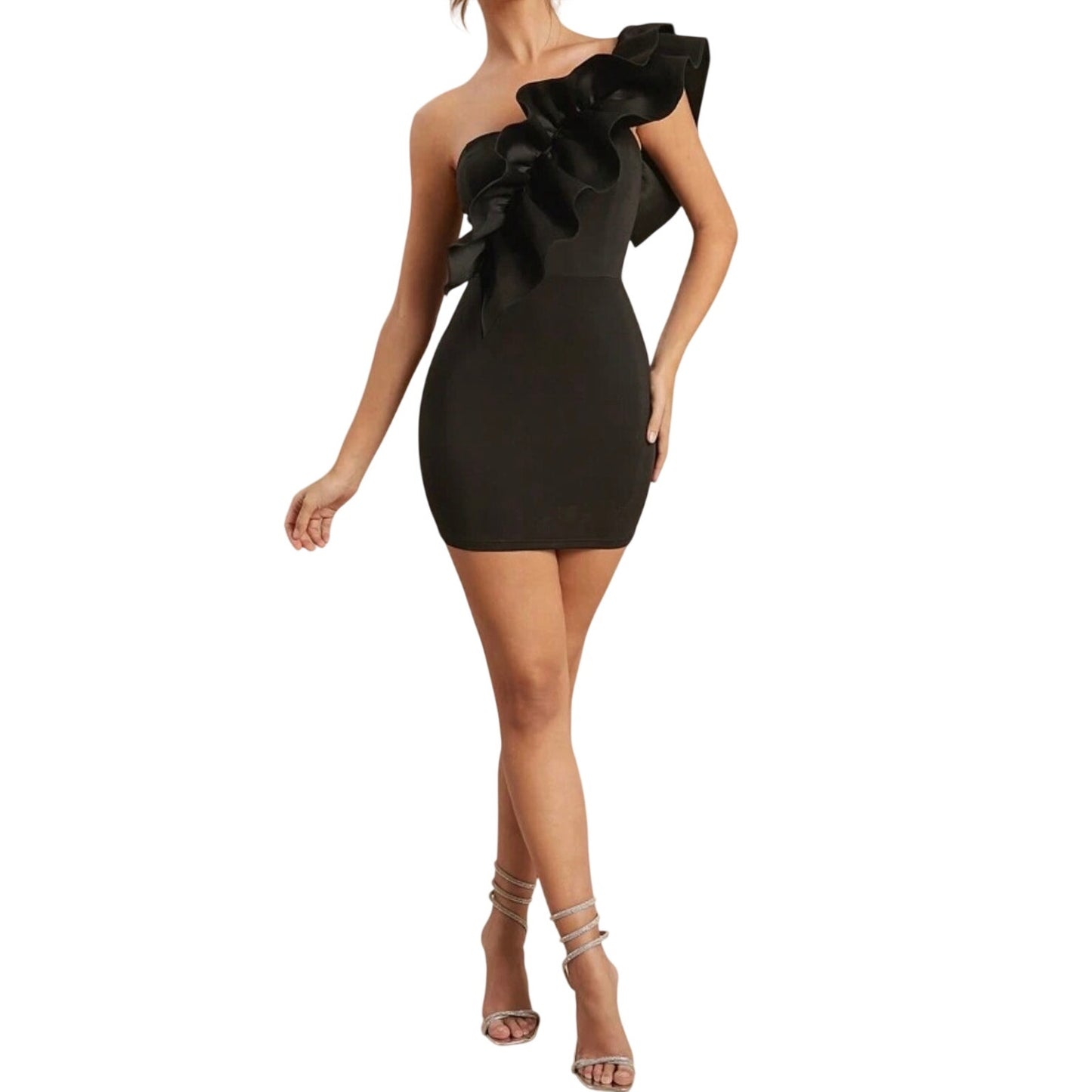 One Shoulder Ruffle Sleeve Black Bodycon Mini Dress NWT Small