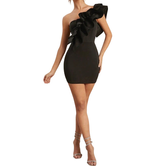 One Shoulder Ruffle Sleeve Black Bodycon Mini Dress NWT Small