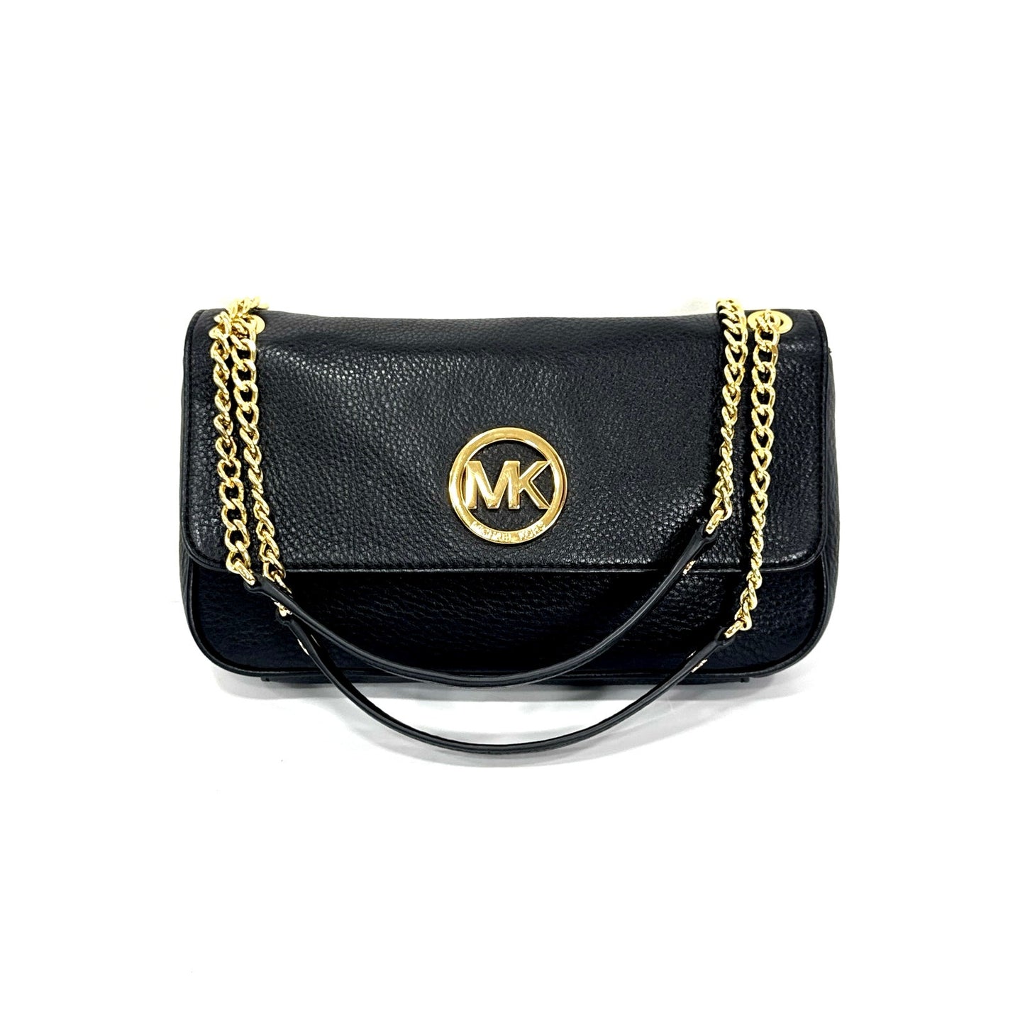 Michael Kors Fulton Flap Black Leather Shoulder Bag Gold Chain Strap