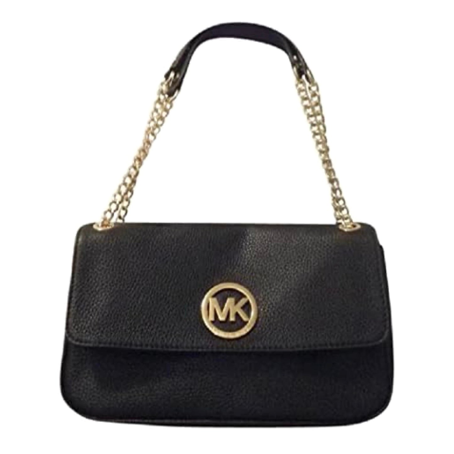Michael Kors Fulton Flap Black Leather Shoulder Bag Gold Chain Strap