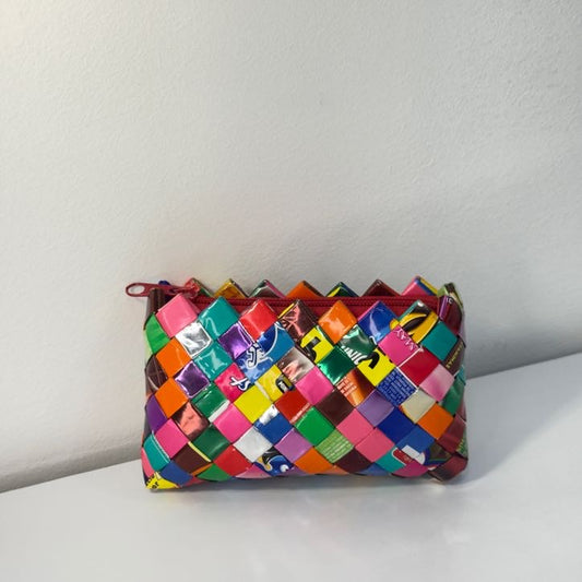 Vintage multicolor woven candy wrapper zip bag front view