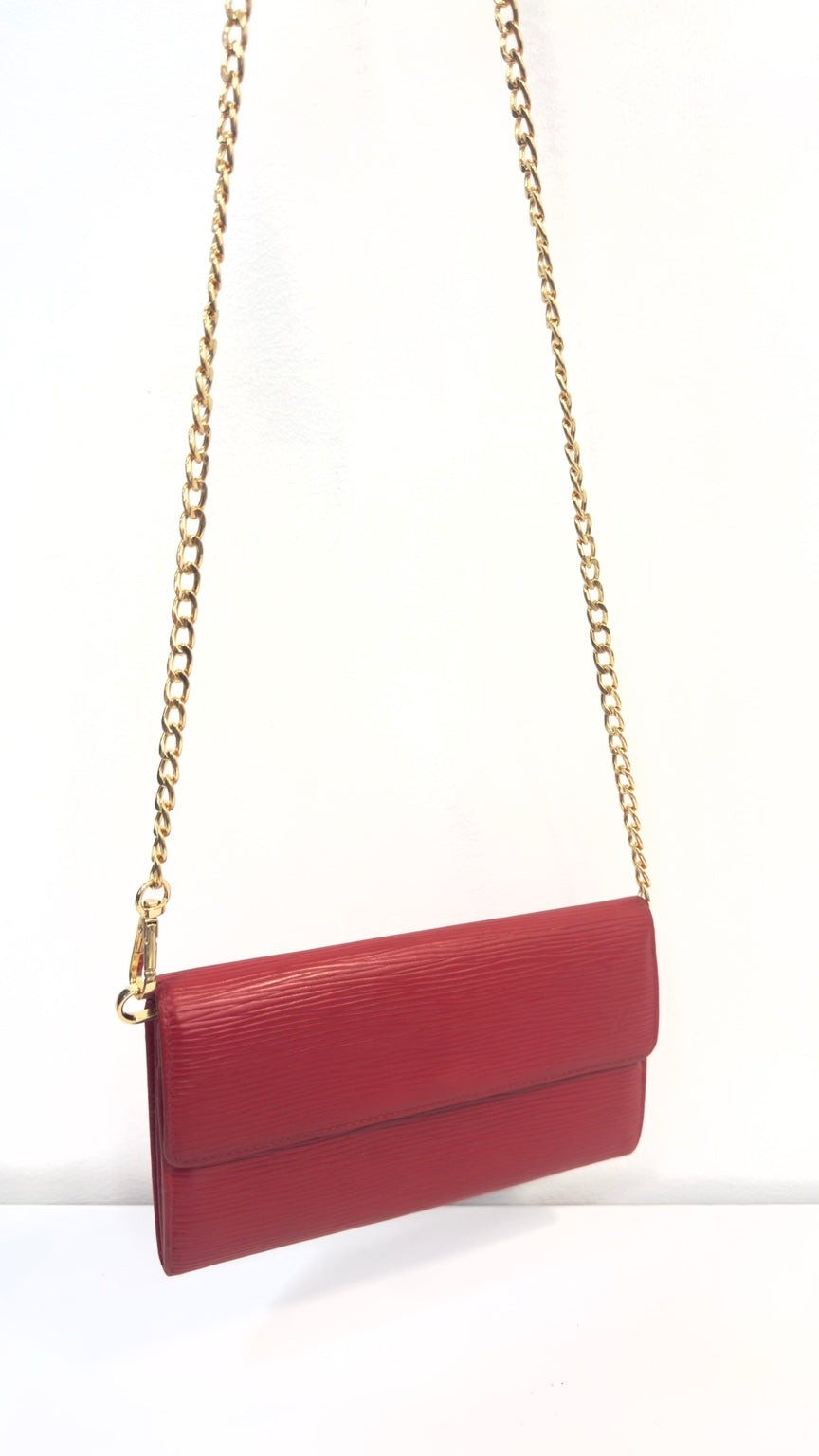 Louis Vuitton red Epi wallet gold chain side view