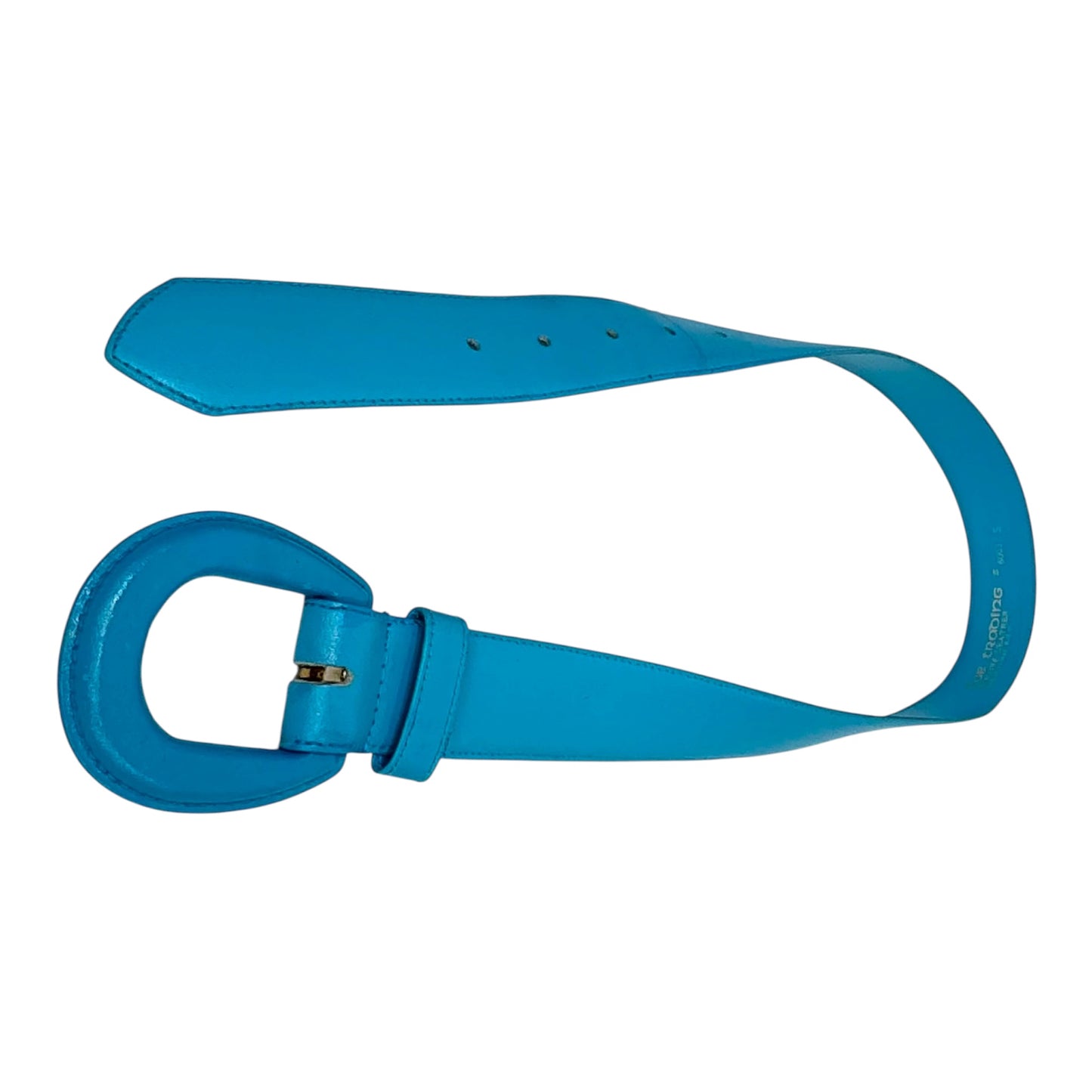 Full view of vintage Fob Trading turquoise blue genuine leather belt size small