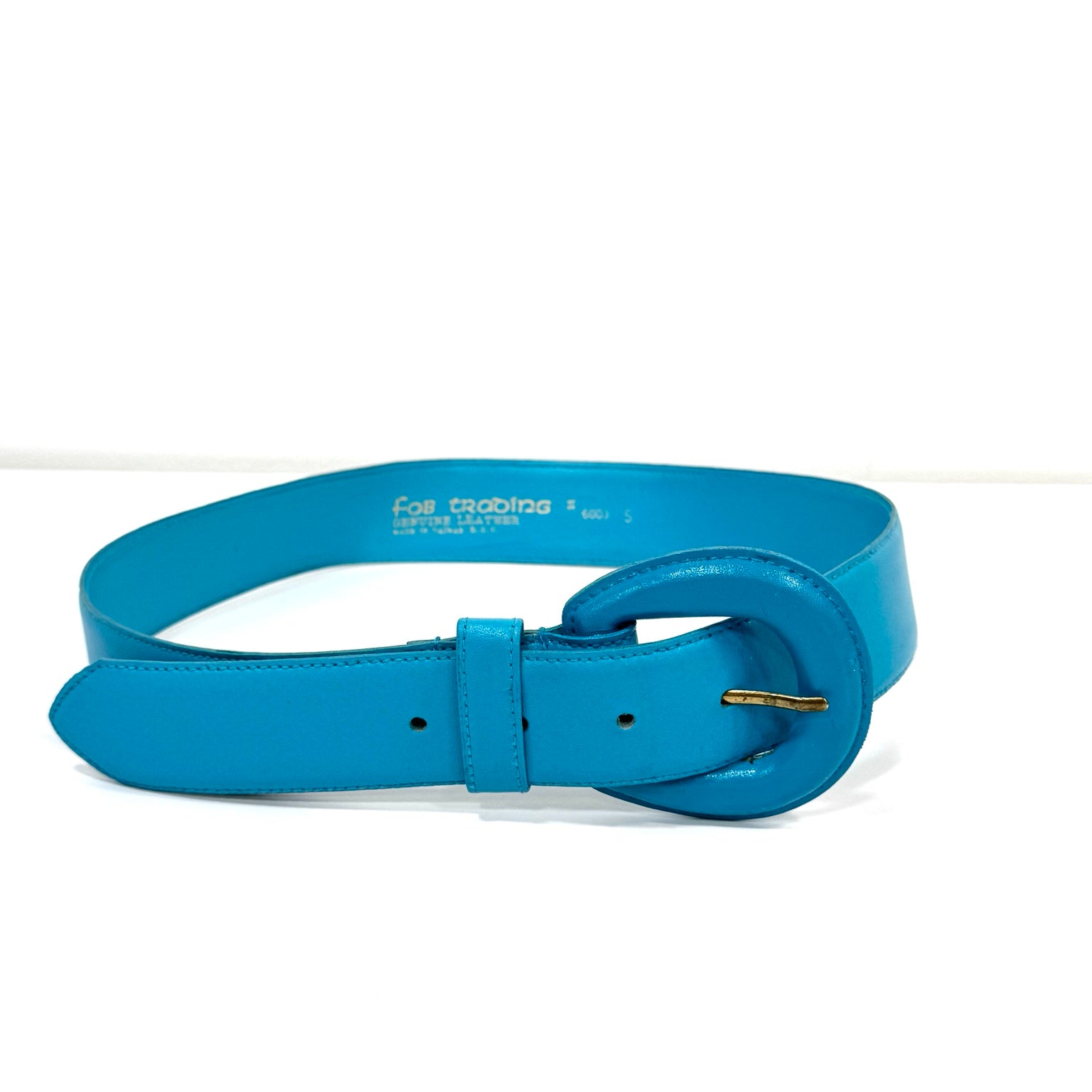 Vintage Fob Trading turquoise blue genuine leather belt with oversized covered buckle