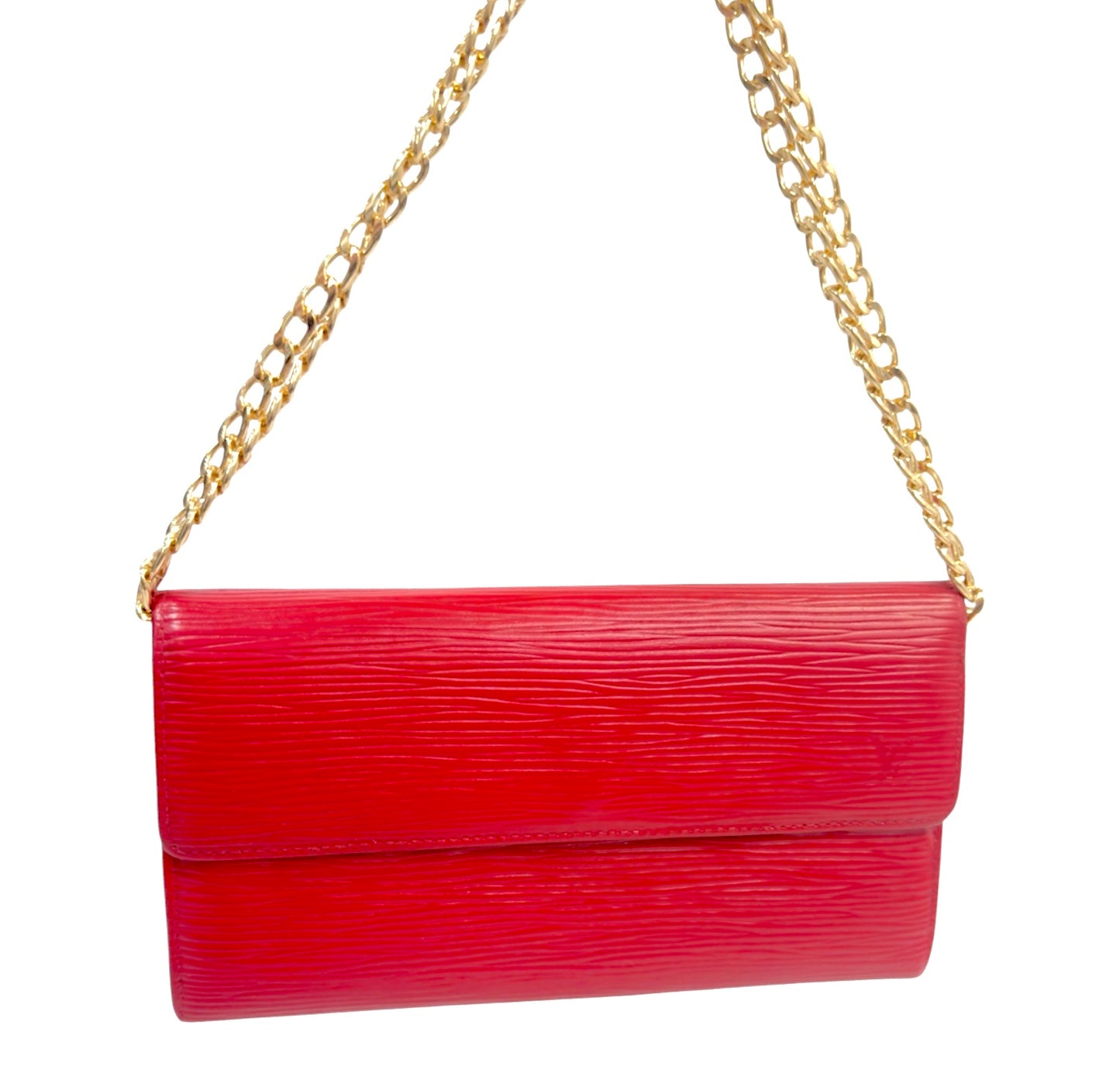 Louis Vuitton red Epi leather Sarah wallet with gold chain front