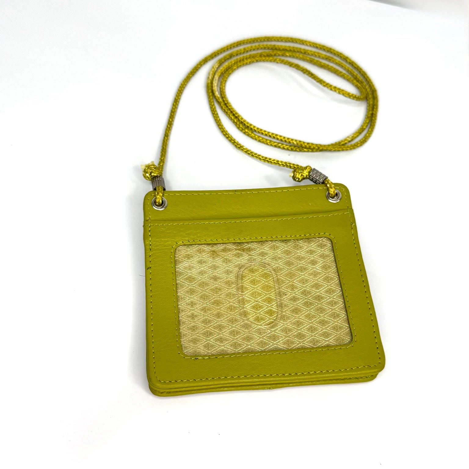 Chartreuse genuine leather lanyard ID holder wallet back with clear ID window