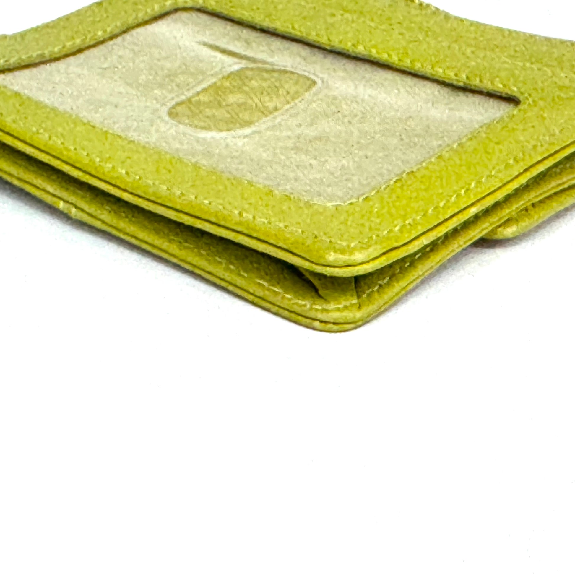 Chartreuse leather lanyard wallet edge and ID window condition