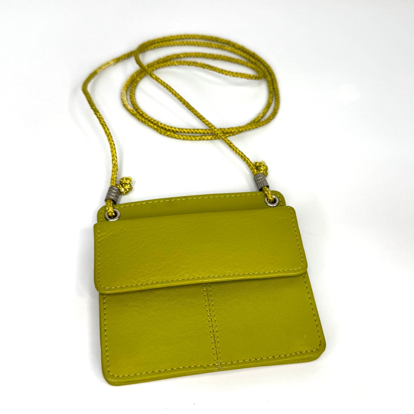 Chartreuse genuine leather lanyard ID holder wallet front view