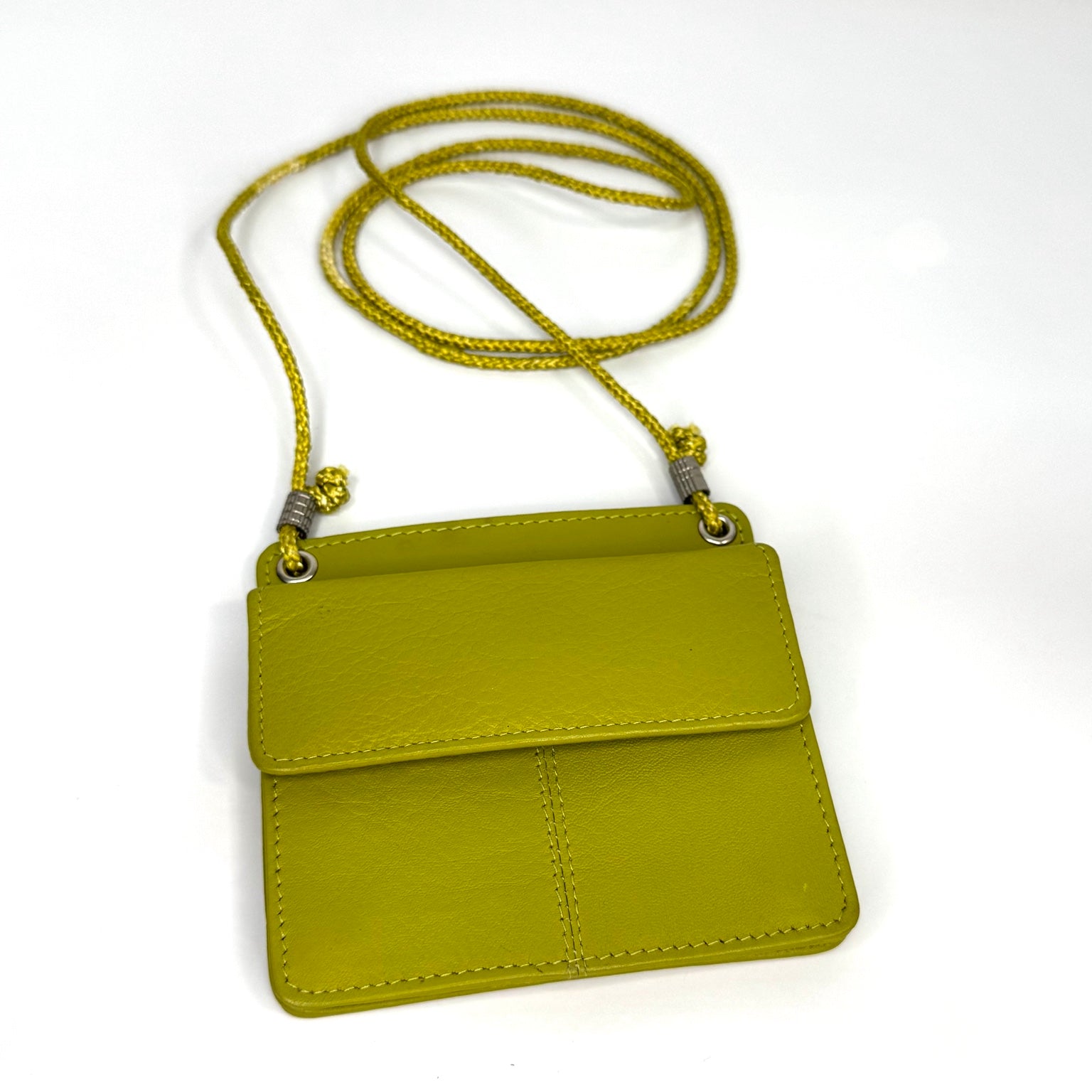 Chartreuse genuine leather lanyard ID holder wallet front view
