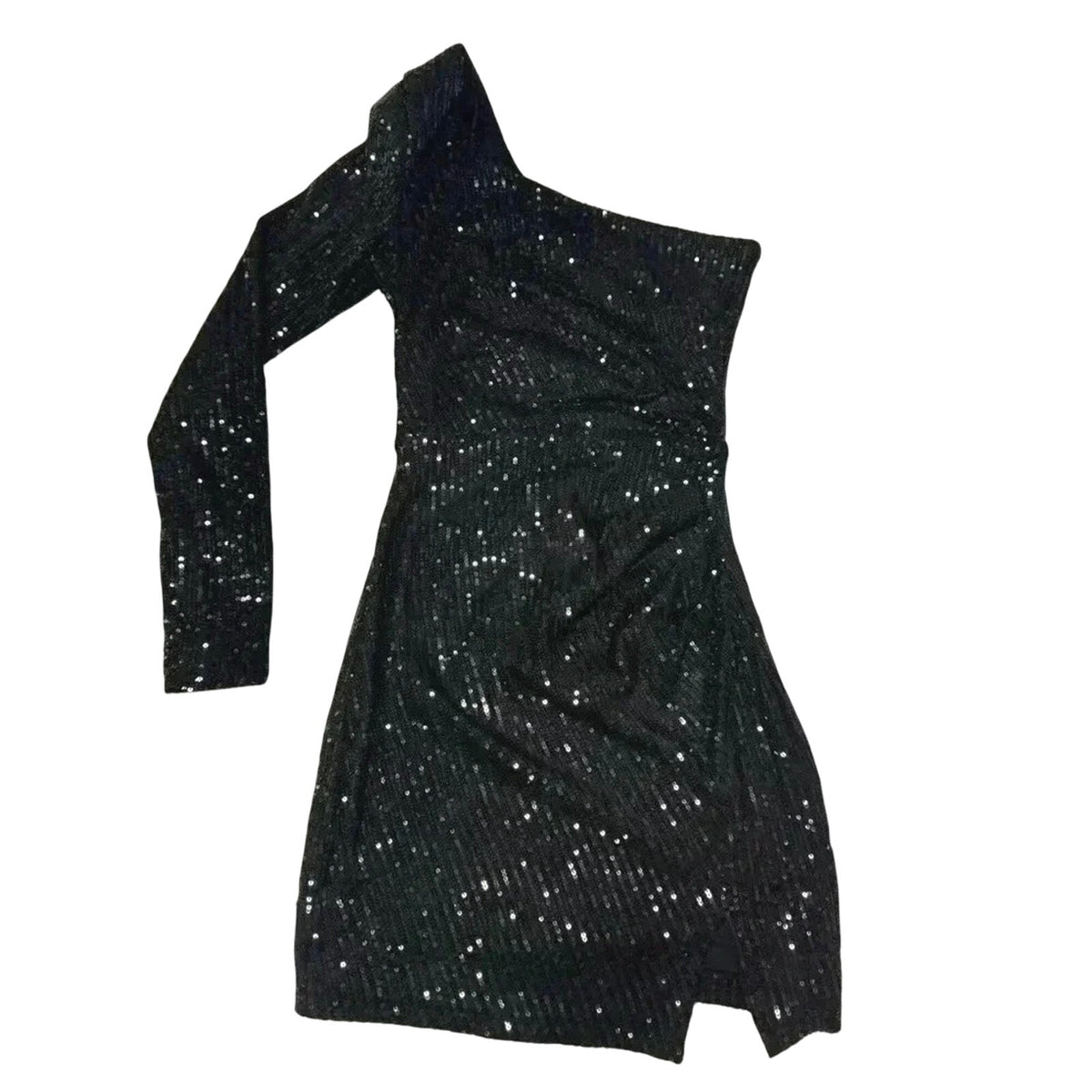 Black Sequin One-Shoulder Long Sleeve Mini Bodycon 
Dress Size Small