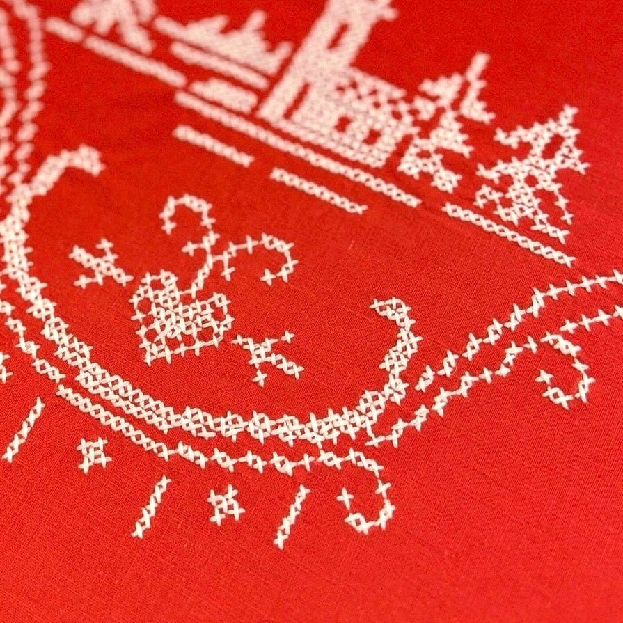 Vintage Red Christmas Tablecloth Scandinavian Folk Embroidery 37x35