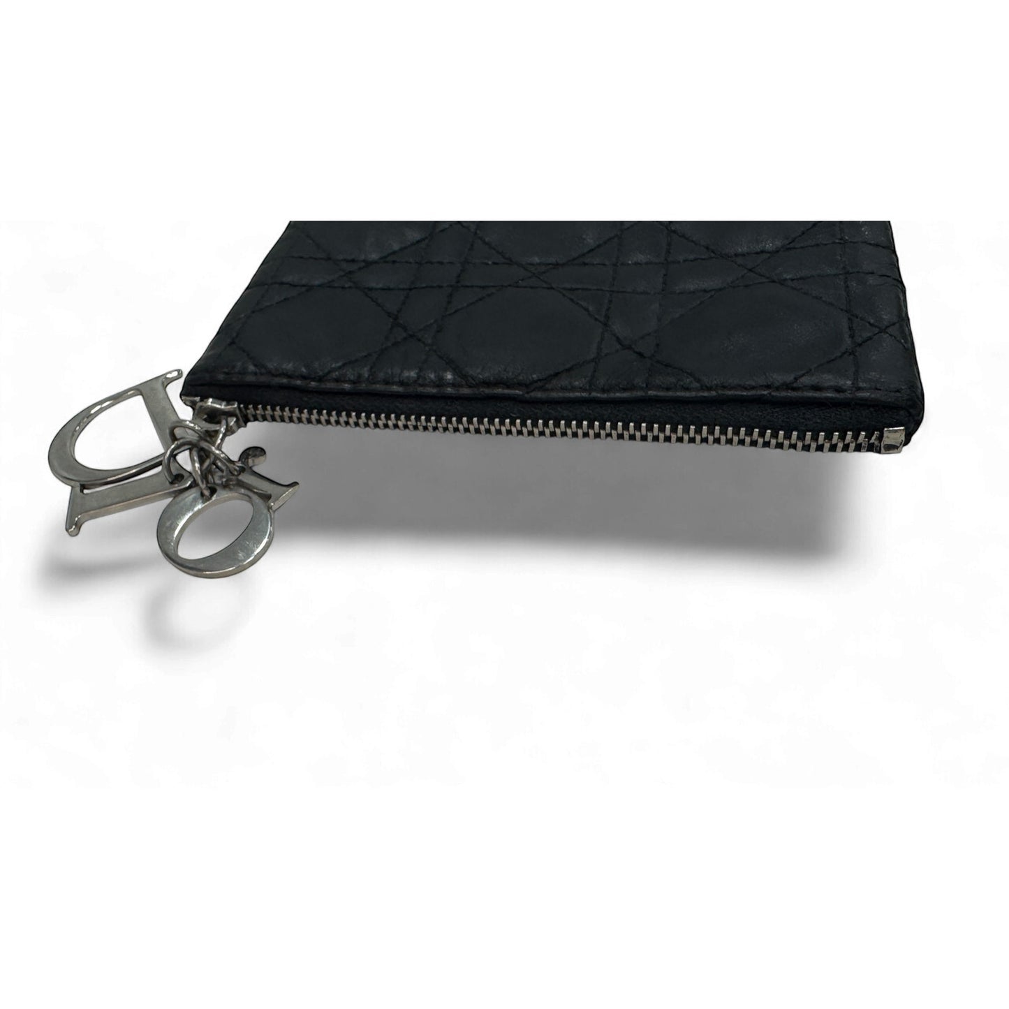 Christian Dior Cannage Quilted Black Leather Zip Pouch Dior Charm