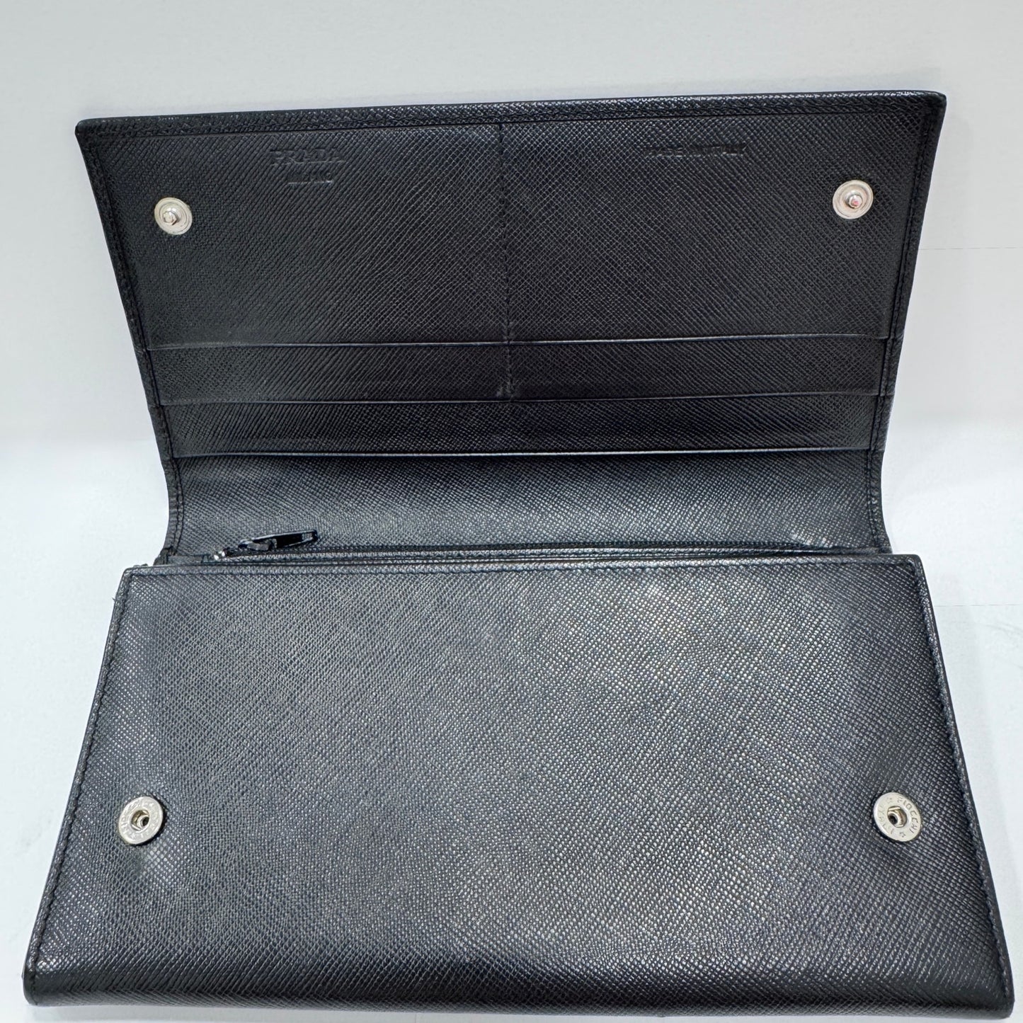 Prada Saffiano Black Leather Flap Continental Long Wallet with Chain