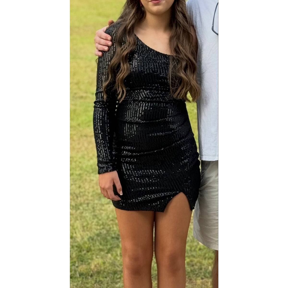 Black Sequin One-Shoulder Long Sleeve Mini Bodycon 
Dress Size Small