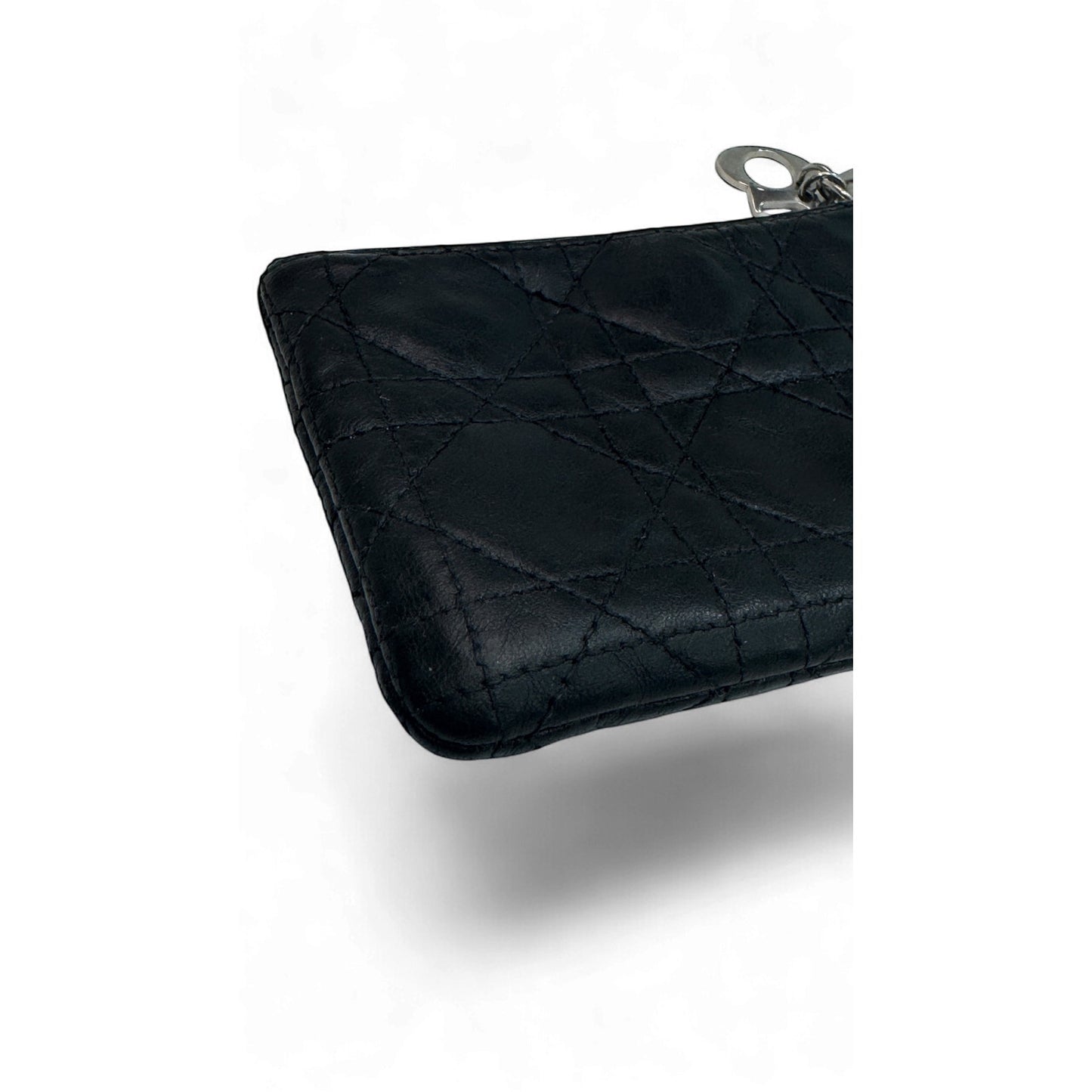 Christian Dior Cannage Quilted Black Leather Zip Pouch Dior Charm