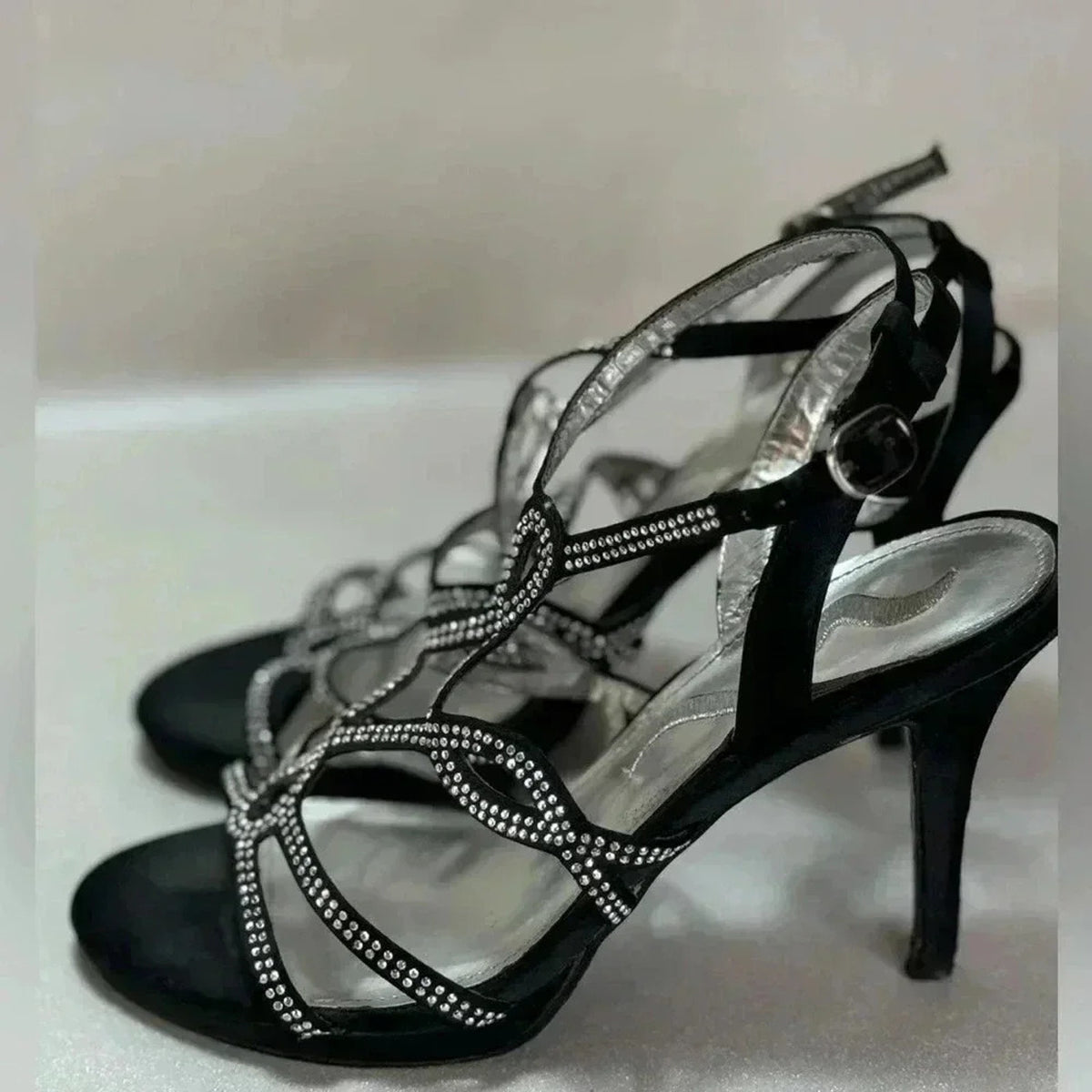 Nina Black Ankle Strap High-Heel Sandal w/ Rhinestone Straps Size 7.5