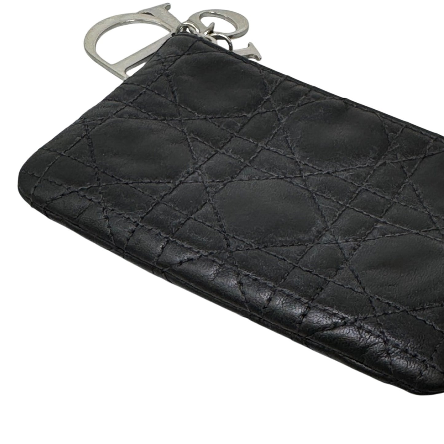 Christian Dior Black Lambskin Leather Zip Wallet Card Key Holder