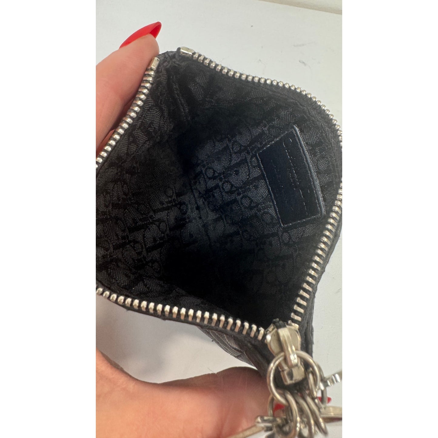 Christian Dior Cannage Quilted Black Leather Zip Pouch Dior Charm