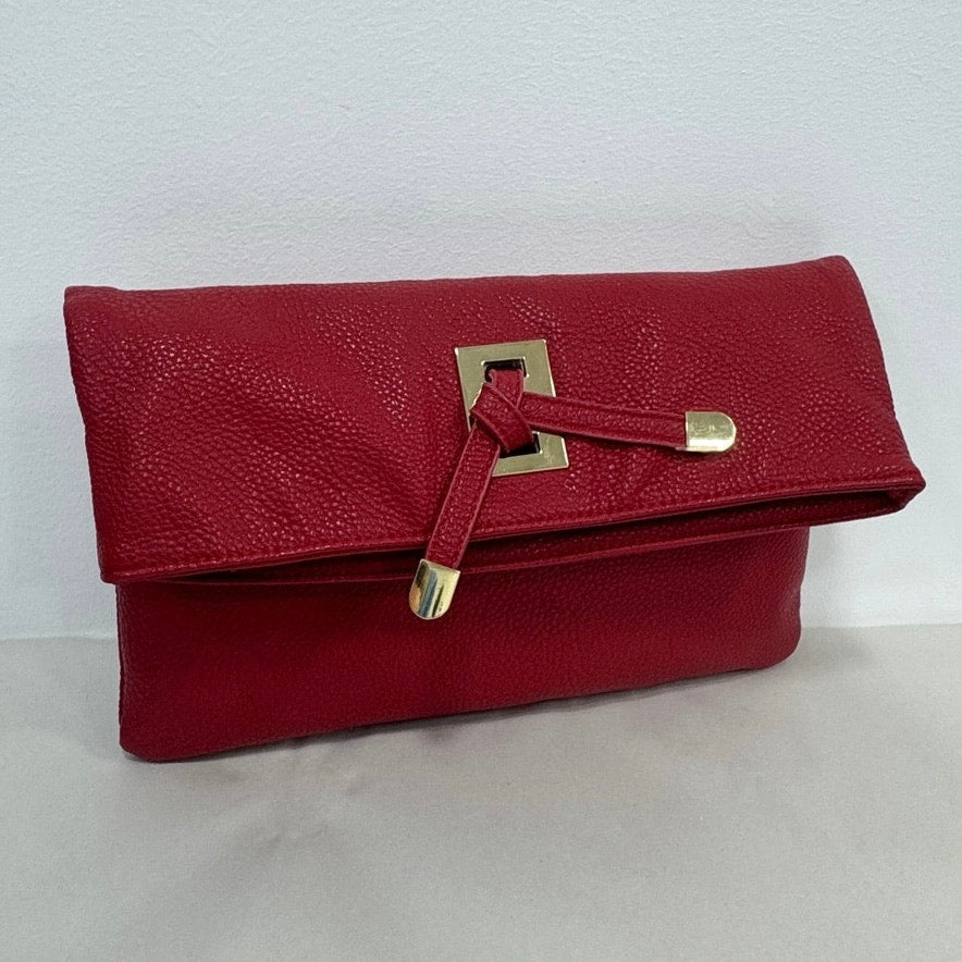Sondra Roberts Squared Red Foldover Clutch Crossbody Leopard Lining
