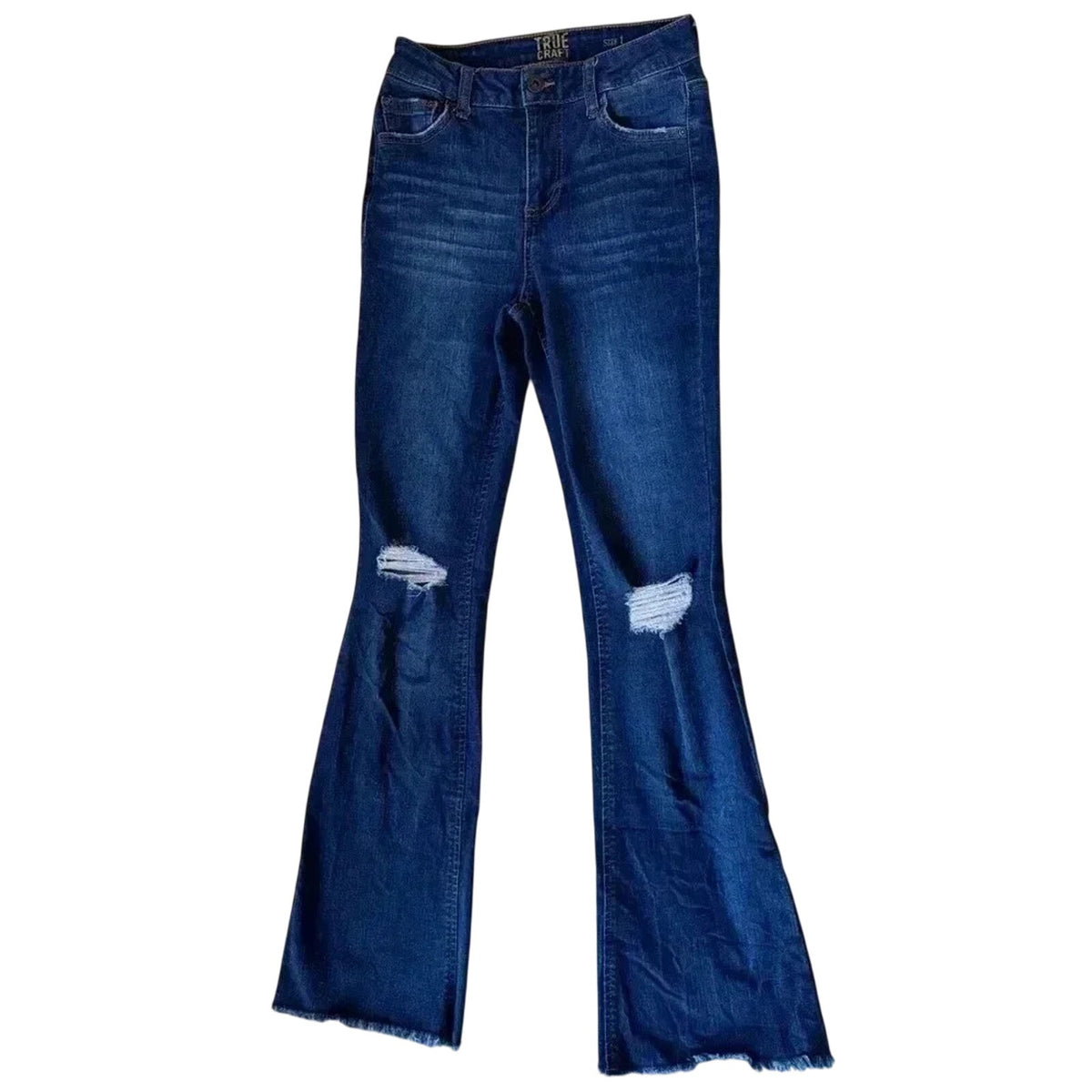 Mid-Rise Slim Flare Distressed Hem Jeans Juniors Size 1 Blue