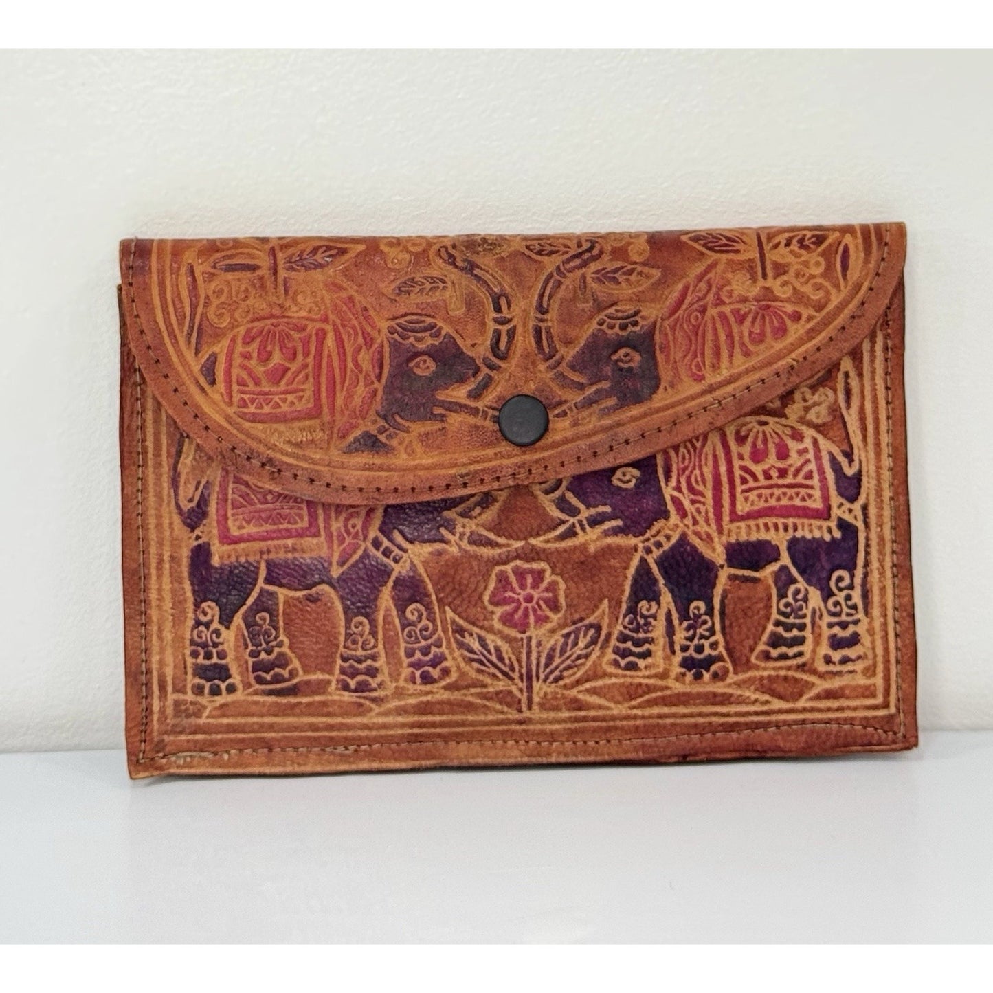 Vintage 3-Piece Leather Elephant Clutch Wallet Coin Hand Tooled India