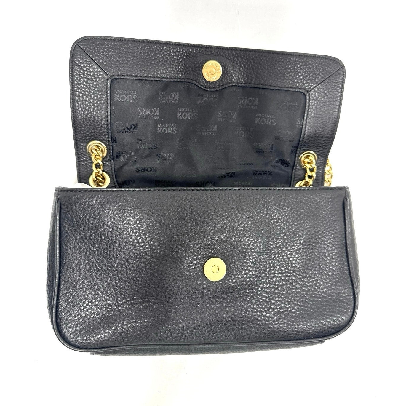 Michael Kors Fulton Flap Black Leather Shoulder Bag Gold Chain Strap