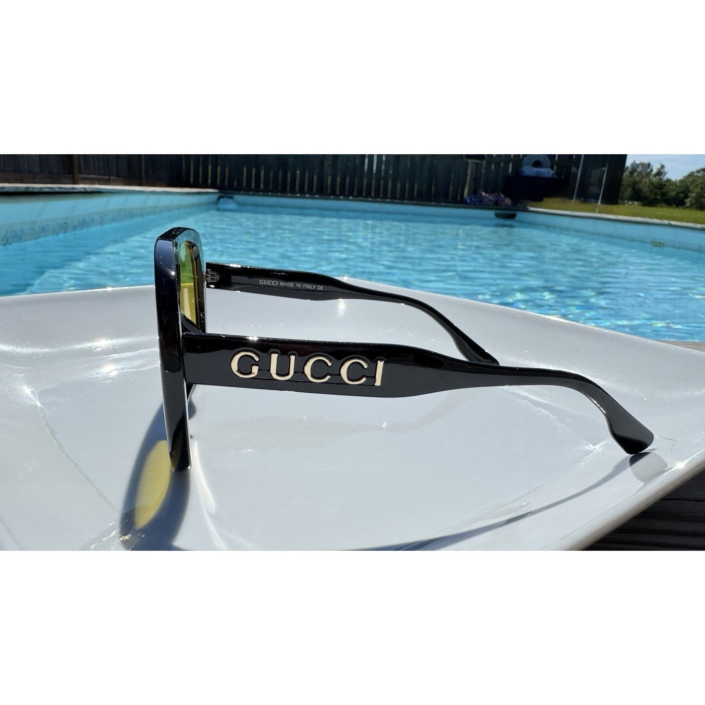 Gucci Sunglasses Black Oversized Shield Aviator Mask Yellow Lens Gold Logo 6025
