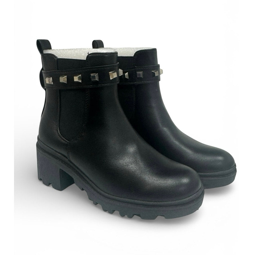 Black Studded Chelsea Ankle Boots Lug Sole Block Heel Size 6.5
