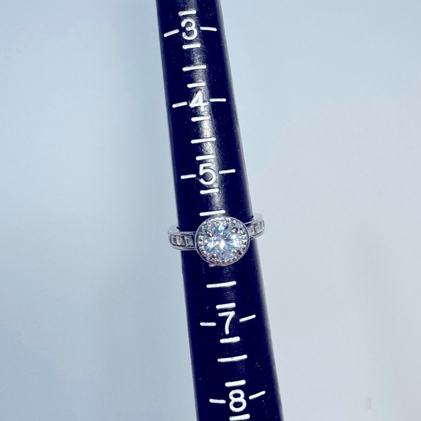 Silver Tone Fashion Ring with Round Center Stone & Channel Set Band - Size 6