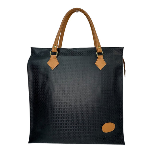 Vintage Cestino Collection oversized black embossed tote bag with tan handles front view