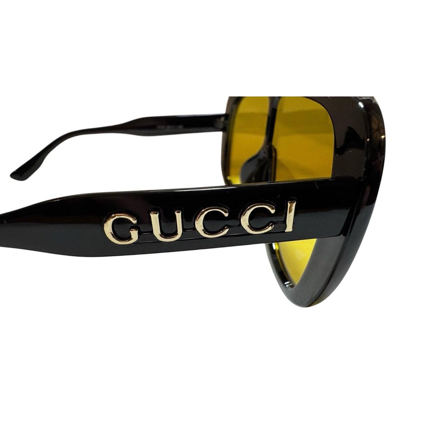Gucci Sunglasses Black Oversized Shield Aviator Mask Yellow Lens Gold Logo 6025