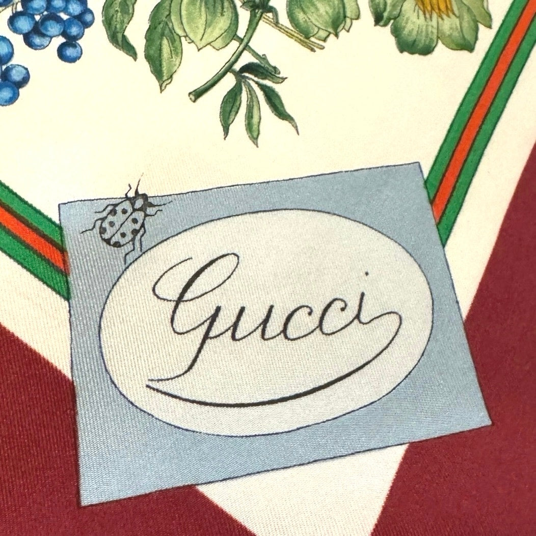 Rare Vintage Gucci Flora Silk Scarf – Burgundy Border, Birds, Rare Ladybug