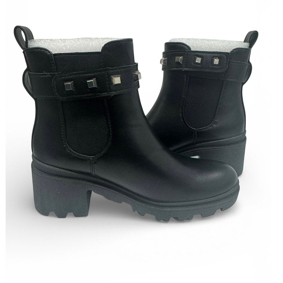 Black Studded Chelsea Ankle Boots Lug Sole Block Heel Size 6.5