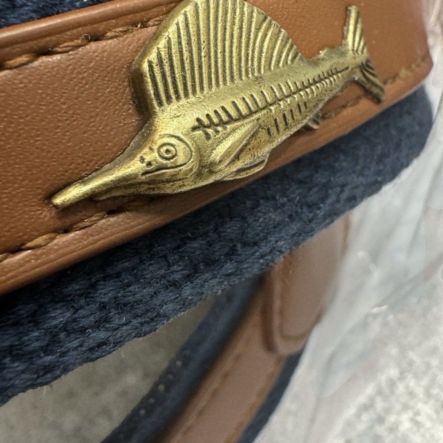 Sailfish Leather Ribbon Belt Brown & Navy Brass Fish Concho Size 38