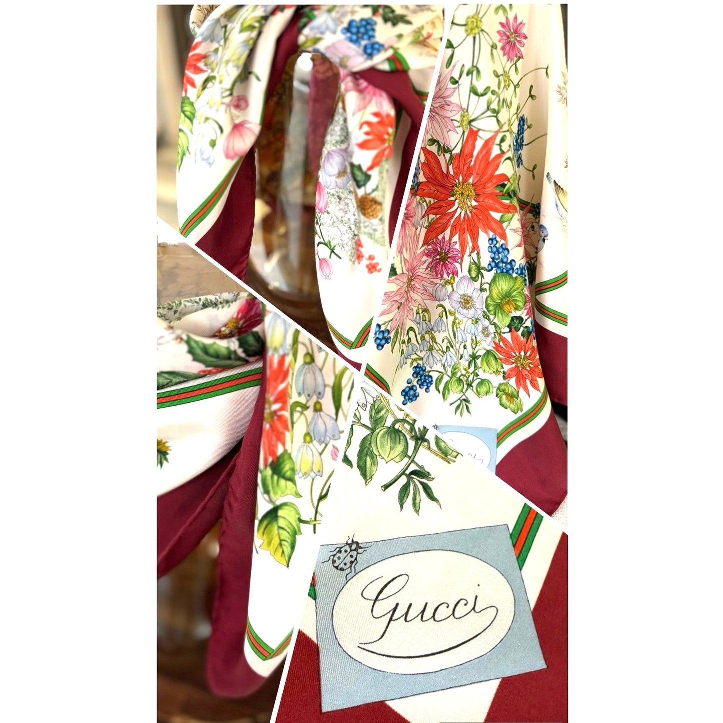 Rare Vintage Gucci Flora Silk Scarf – Burgundy Border, Birds, Rare Ladybug