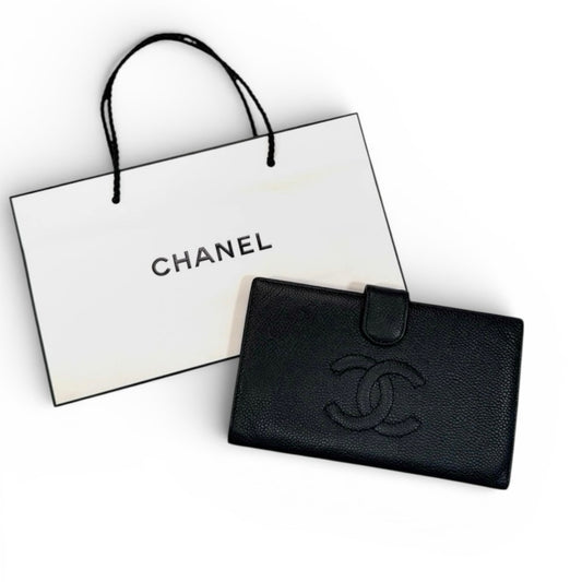 CHANEL Black Cavier CC Leather Long Wallet