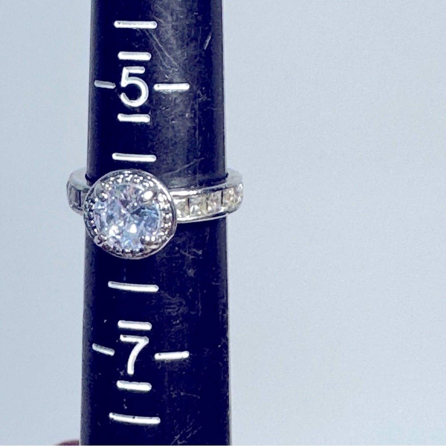 Silver Tone Fashion Ring with Round Center Stone & Channel Set Band - Size 6