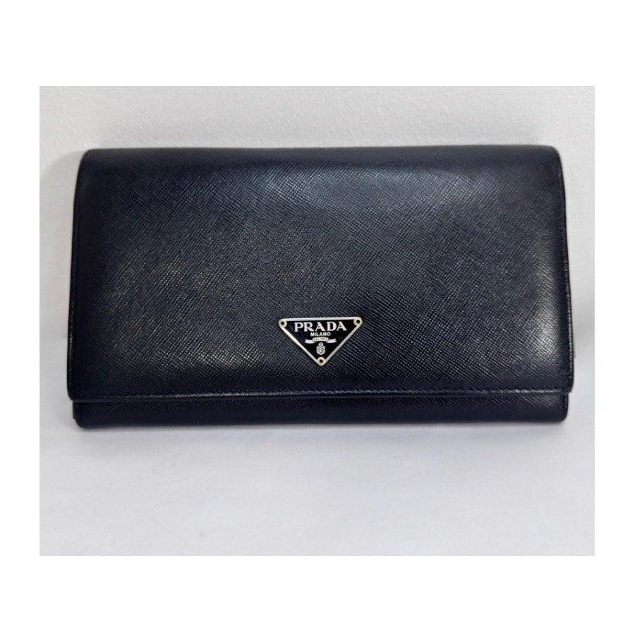 Prada Saffiano Black Leather Flap Continental Long Wallet with Chain