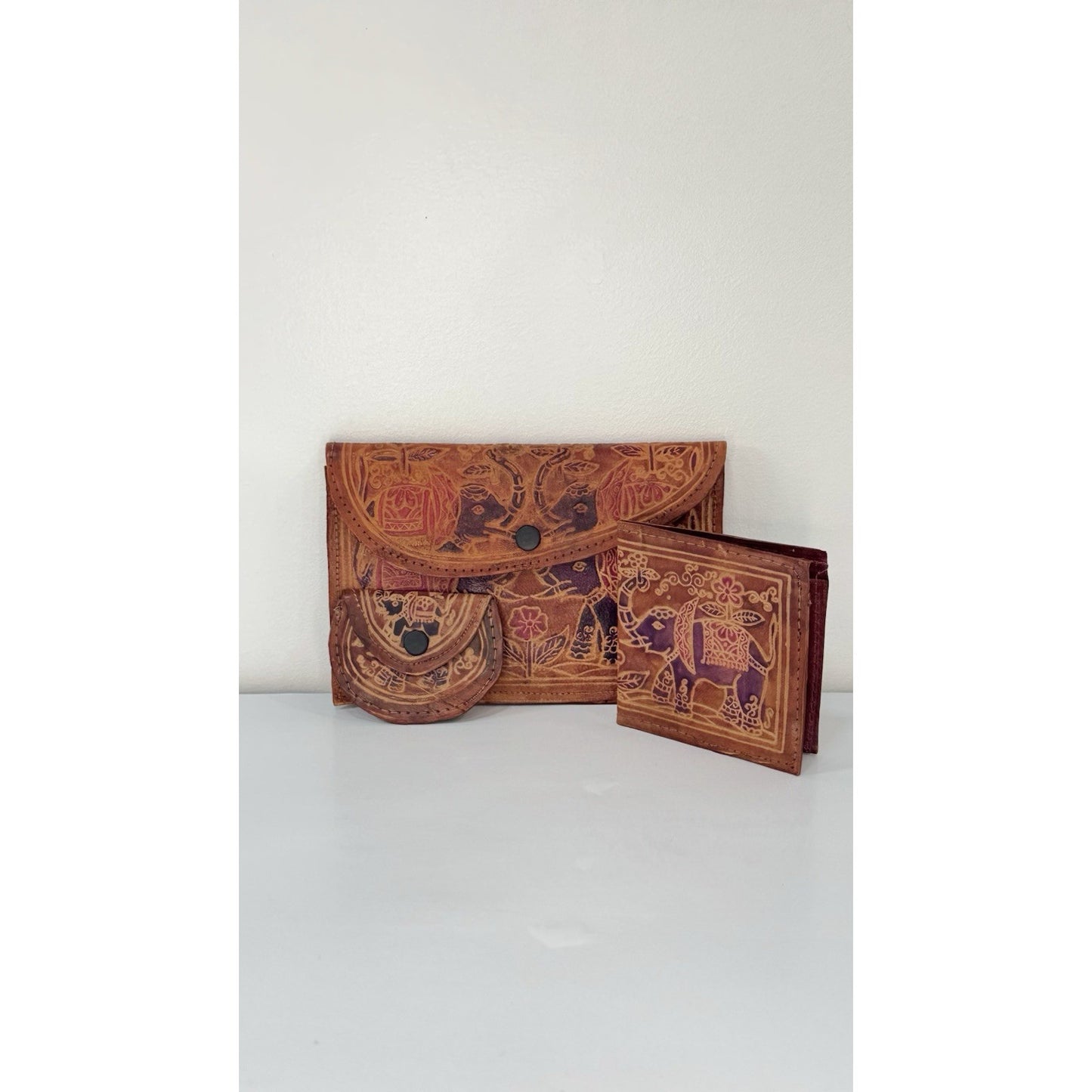 Vintage 3-Piece Leather Elephant Clutch Wallet Coin Hand Tooled India