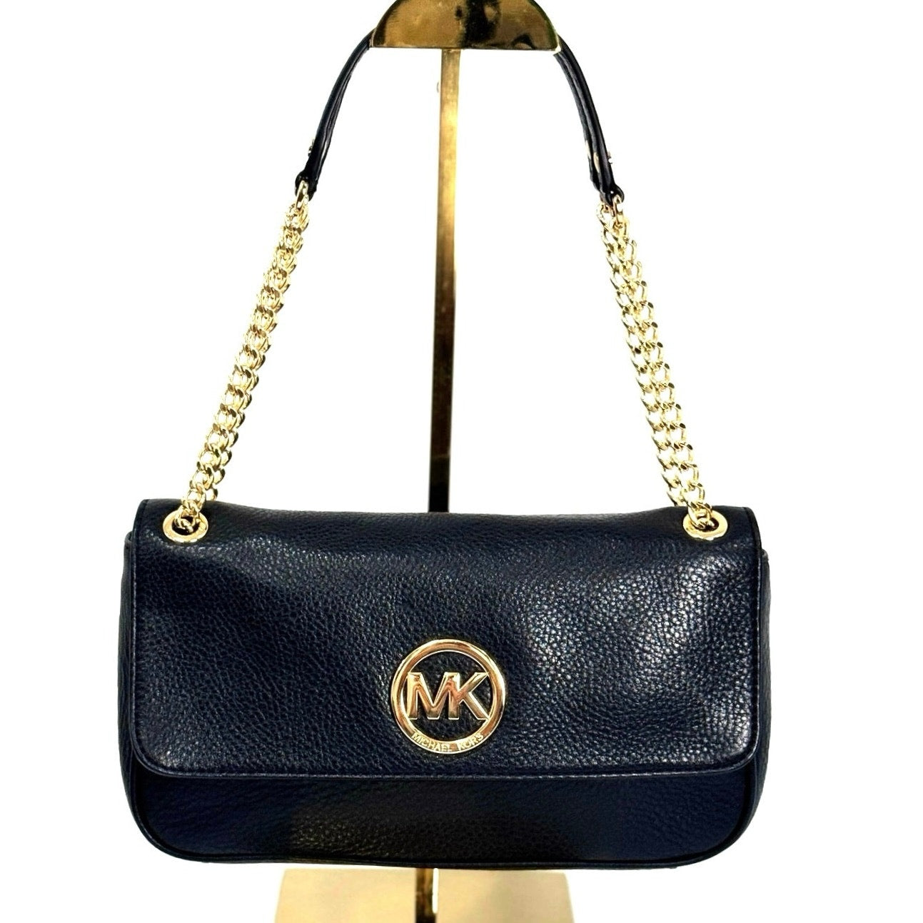 Michael Kors Fulton Flap Black Leather Shoulder Bag Gold Chain Strap