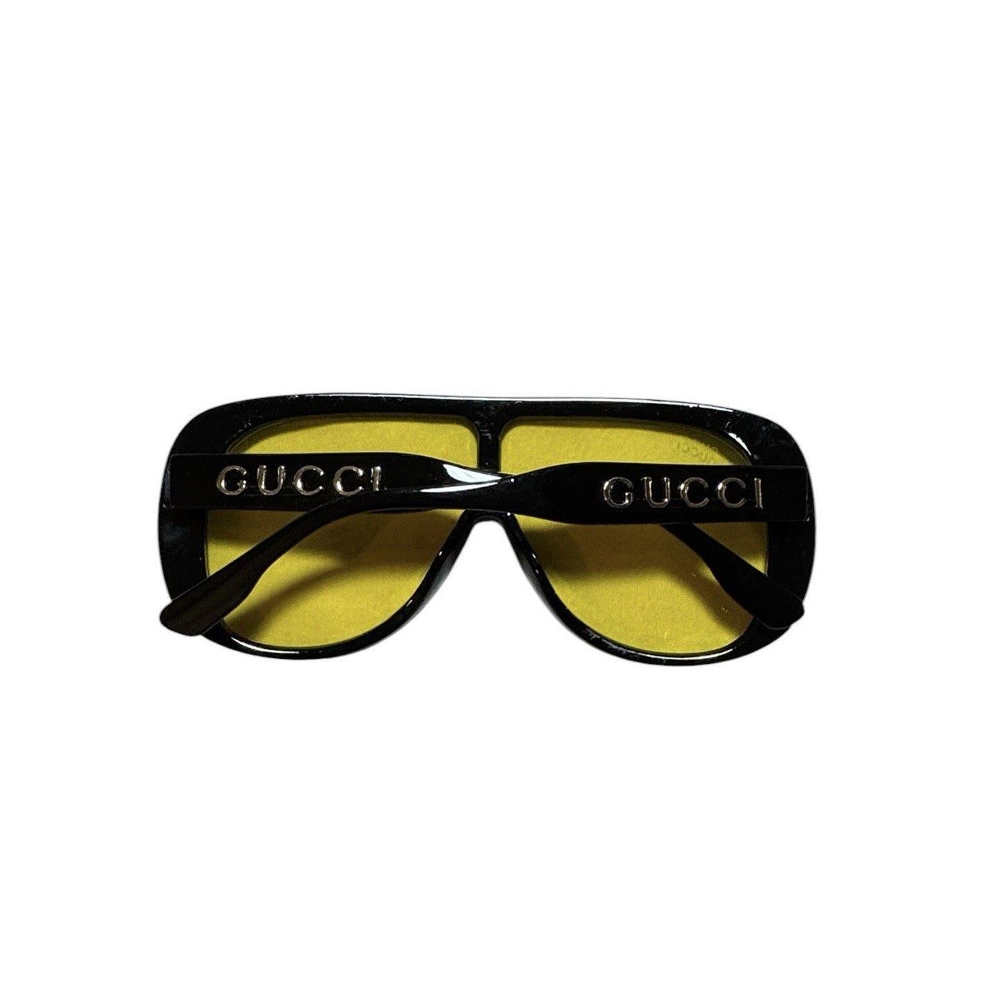 Gucci Sunglasses Black Oversized Shield Aviator Mask Yellow Lens Gold Logo 6025
