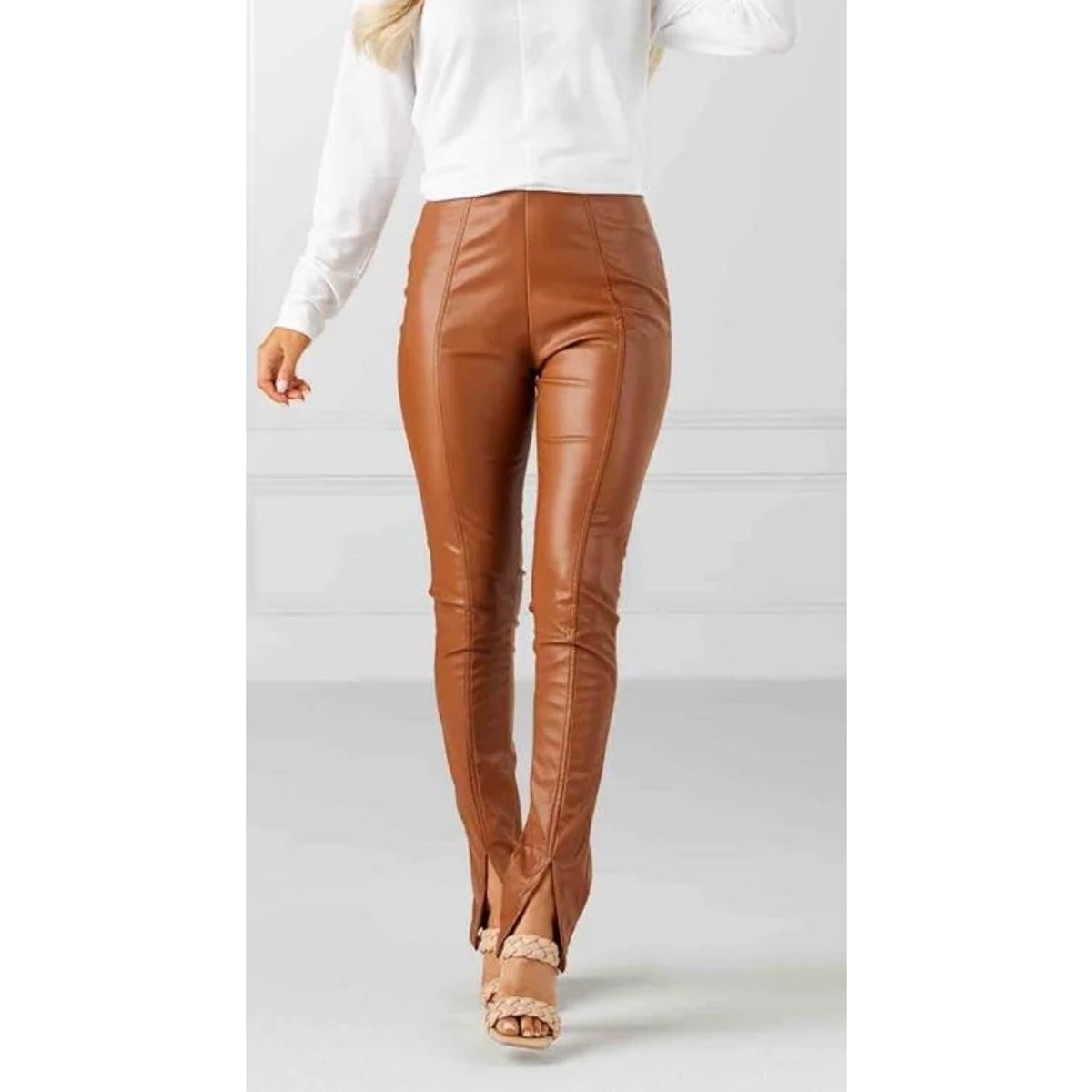 High Waisted Faux Leather Front Slit Pants Camel  Medium NWT