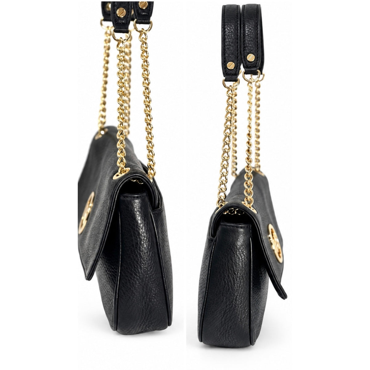Michael Kors Fulton Small Black Leather Flap Shoulder Bag Gold Tone Chain Strap
