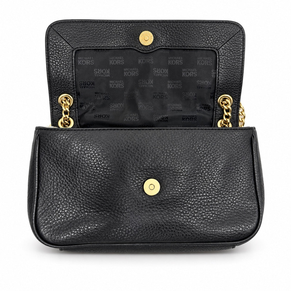Michael Kors Fulton Small Black Leather Flap Shoulder Bag Gold Tone Chain Strap