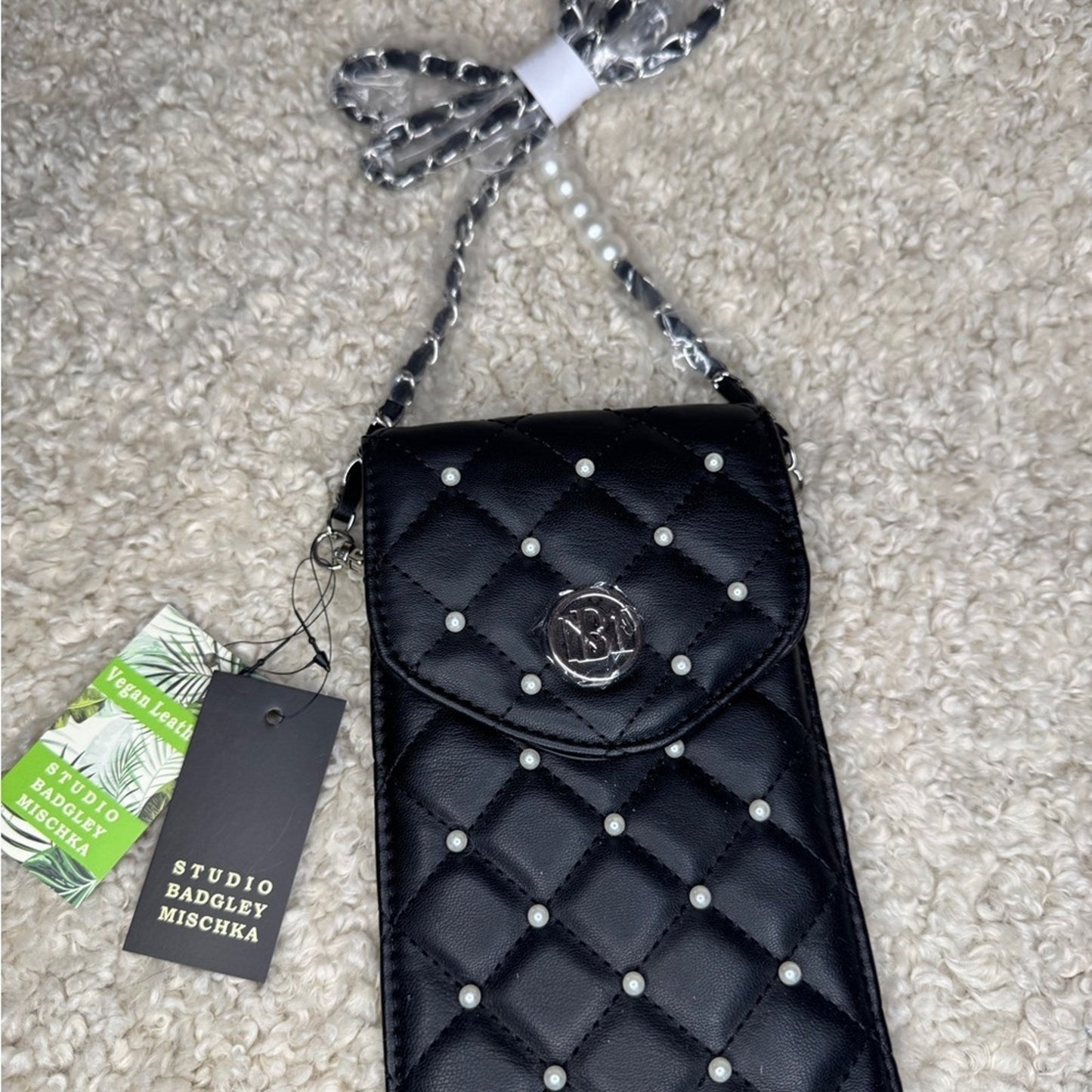 Badgley Mischka Quilted Pearl Chain Crossbody Phone Case – Vegan Leather, Black