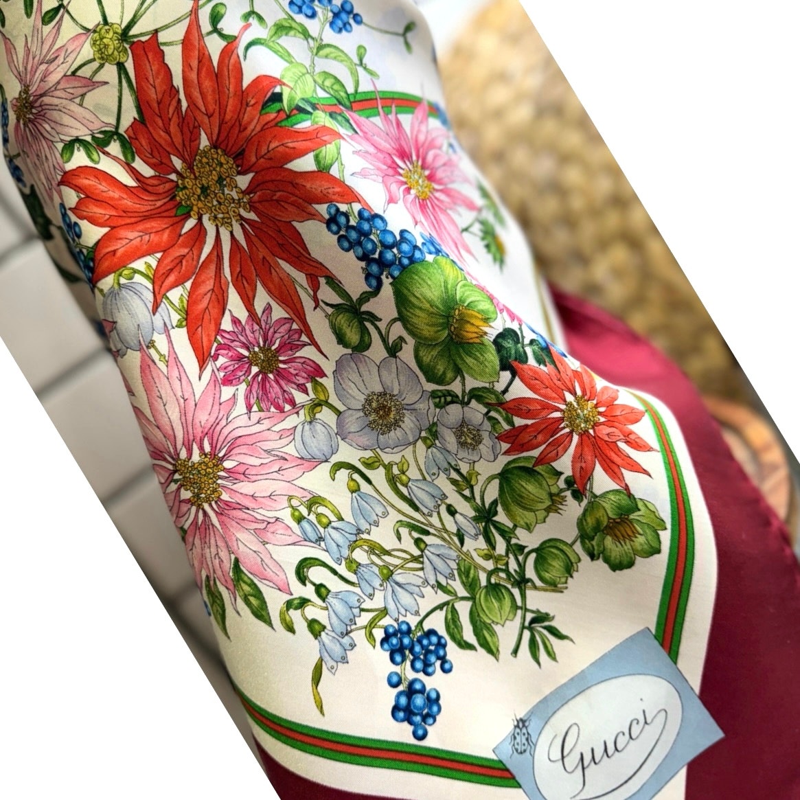 Rare Vintage Gucci Flora Silk Scarf – Burgundy Border, Birds, Rare Ladybug