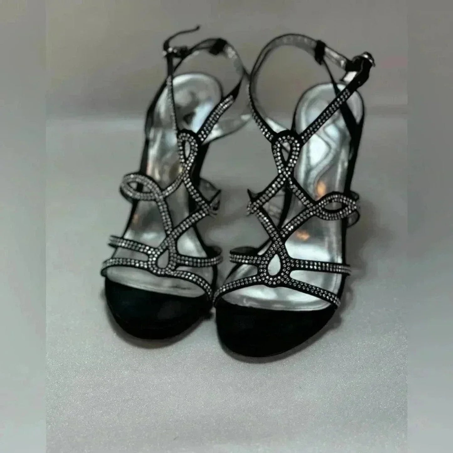 Nina Black Ankle Strap High-Heel Sandal w/ Rhinestone Straps Size 7.5