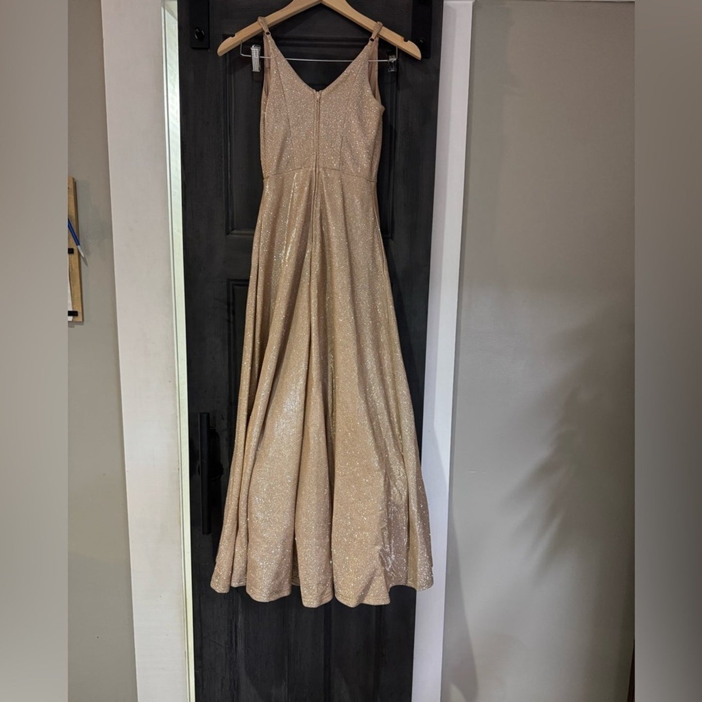 David’s Bridal Glitter Spaghetti Strap Gown Gold Size 1 (altered)