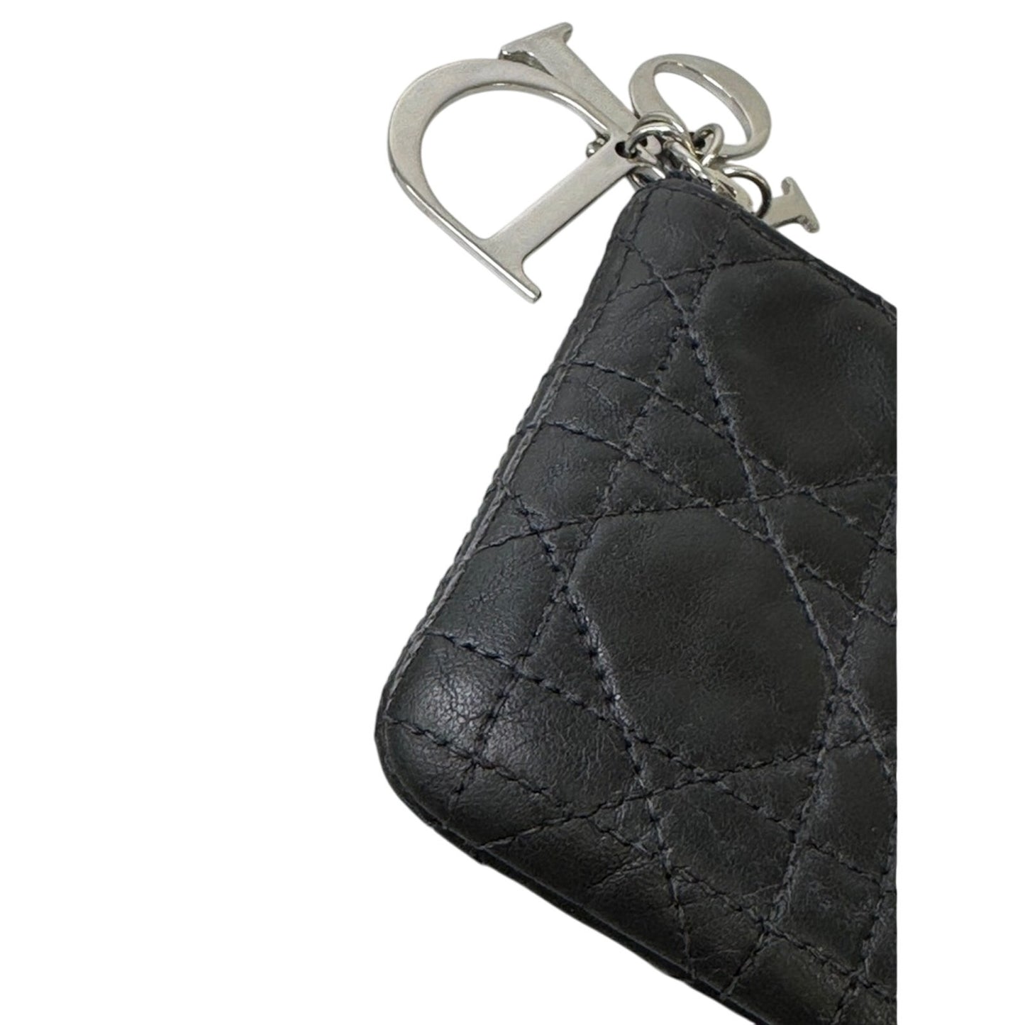 Christian Dior Black Lambskin Leather Zip Wallet Card Key Holder