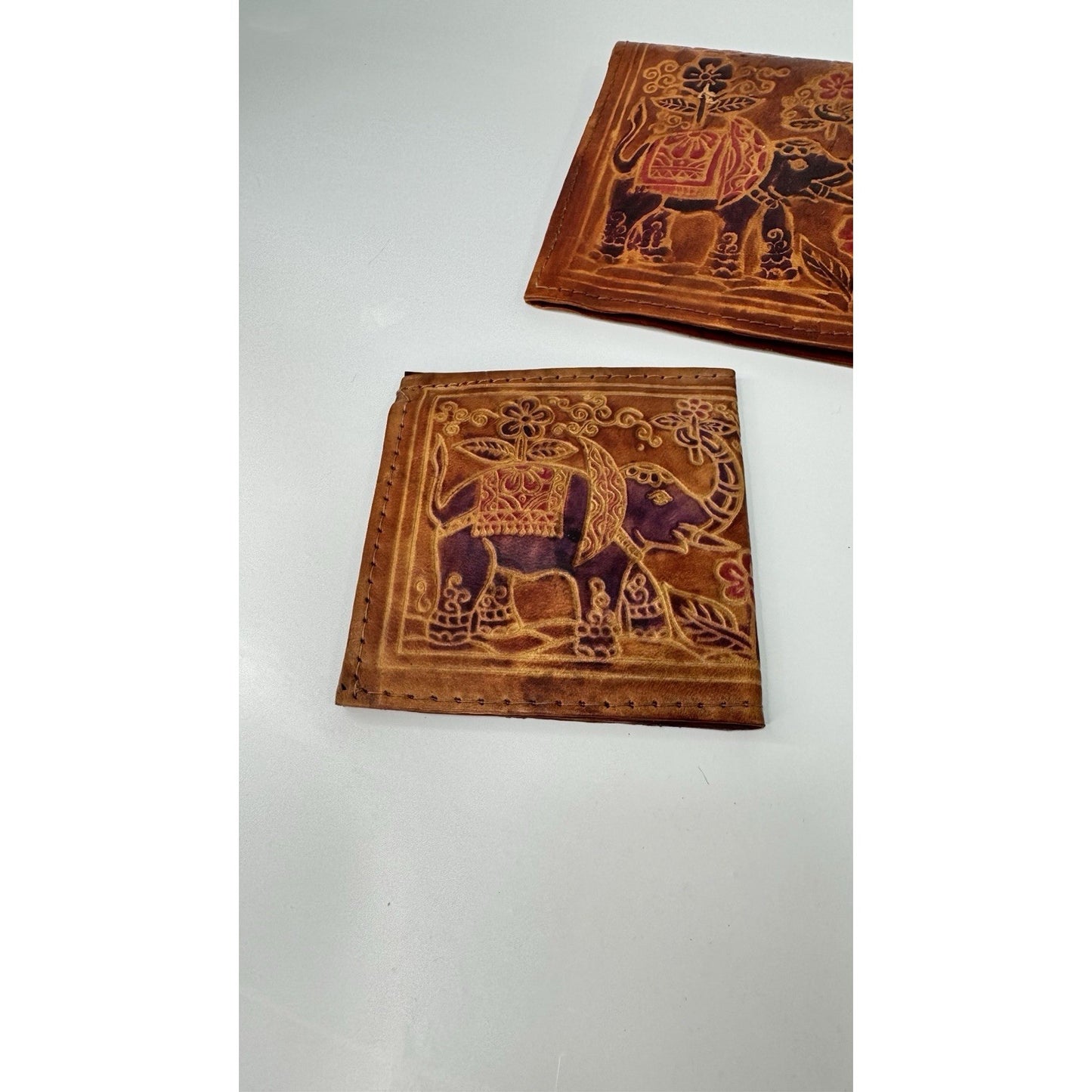 Vintage 3-Piece Leather Elephant Clutch Wallet Coin Hand Tooled India